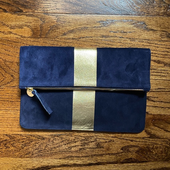 Clare V × Vogue Navy Gold Suede Clutch